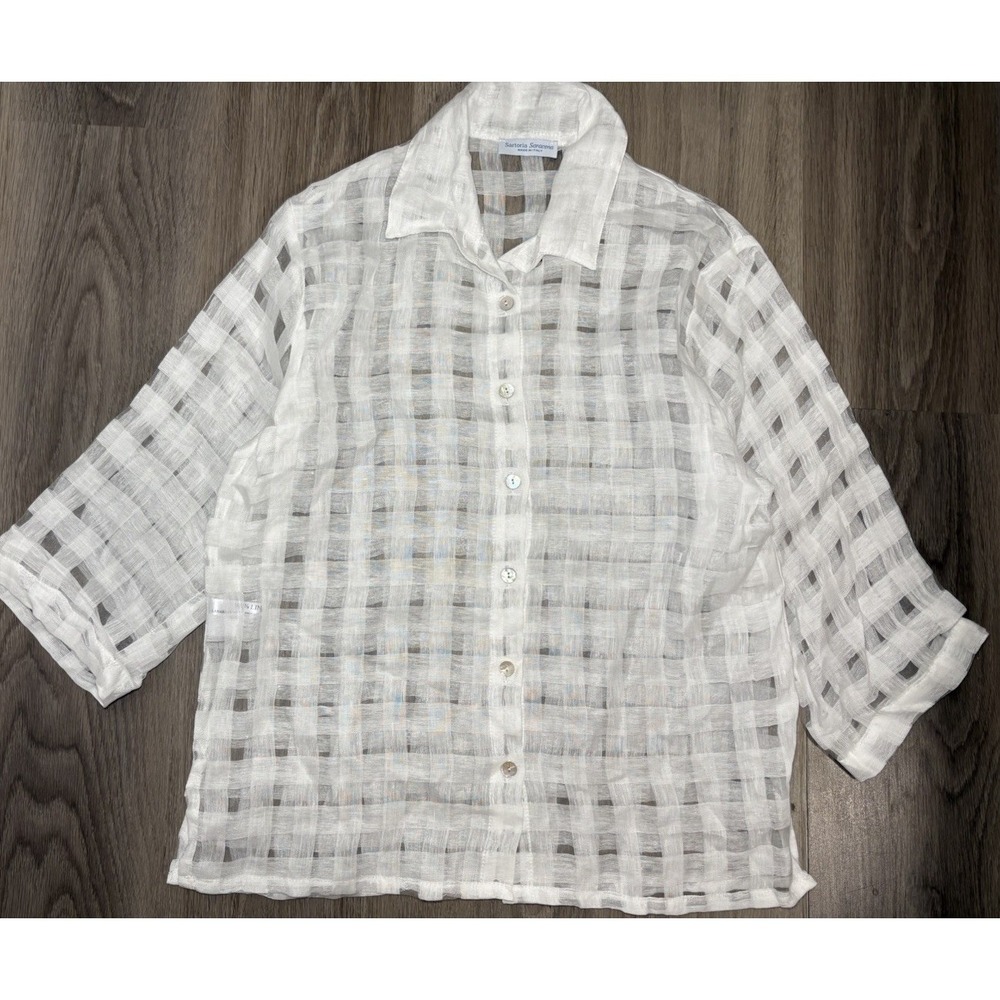 Sartoria‎ Saracena Semi Sheer Checkered White Linen Blouse Button Up Shirt XS